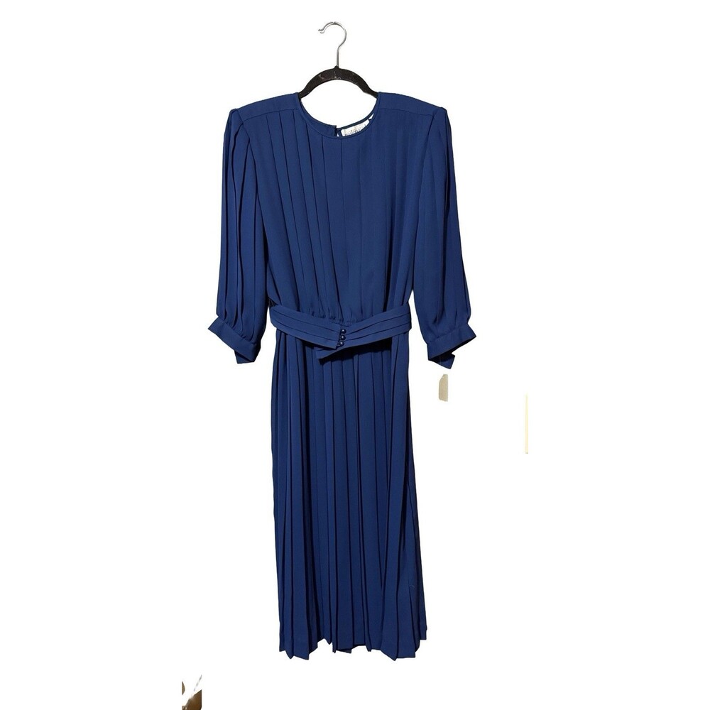 Easton Park Petites Vintage Blue Pleated Midi Dress Belted NOS Size 8P NWT